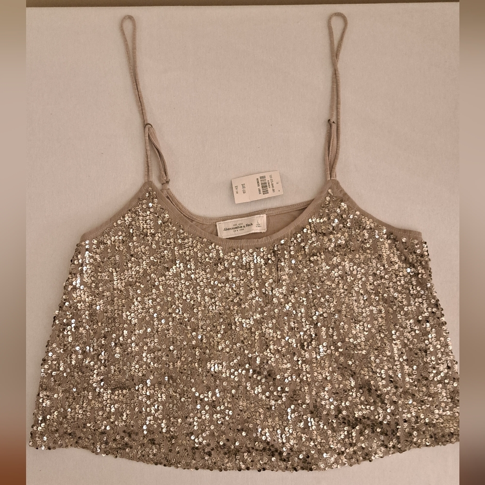🔥Abercrombie & Fitch Light Gold/Champagne Sequin Cami, Adjustable Straps, Sz L